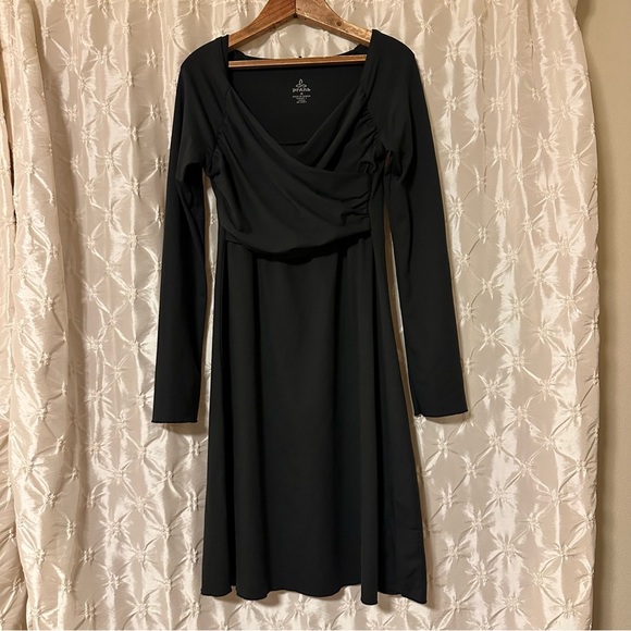 Prana Black Tally Faux Wrap Midi Knee Long Sleeve Dress - Picture 10 of 10